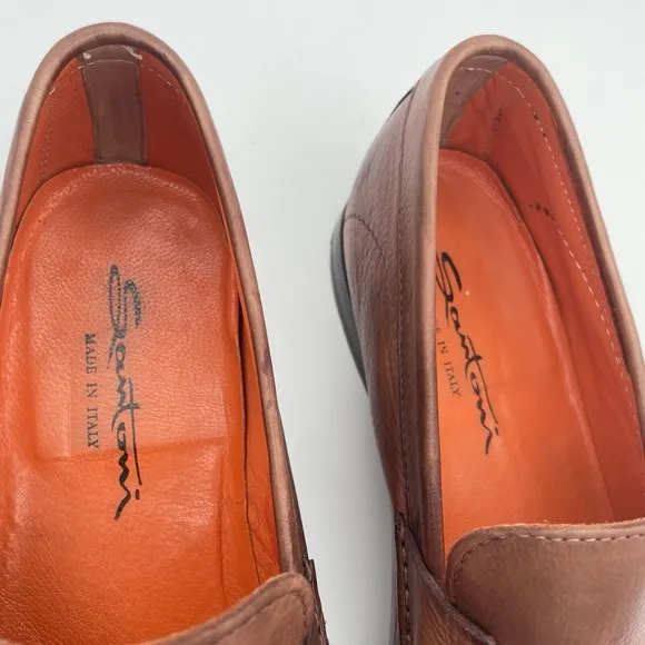 Santoni Brown Leather Moc Venetian Loafers‎ Size 12 D Made In Italy