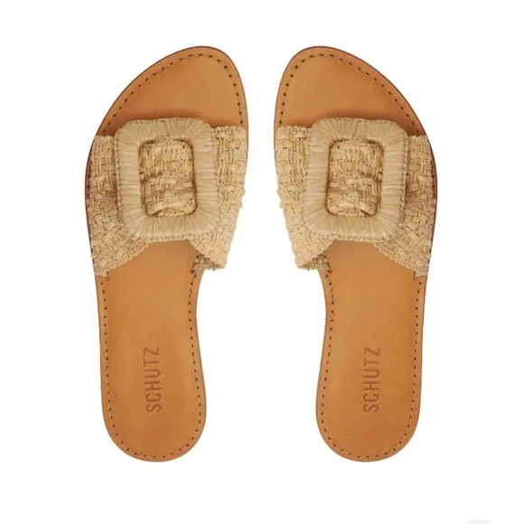 SCHUTZ Womens Cinna Flat Raffia Sandals Sz-8