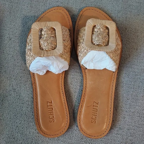SCHUTZ Womens Cinna Flat Raffia Sandals Sz-8