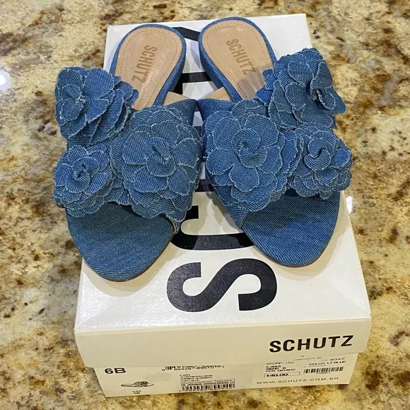 SCHUTZ**Denim Floral Sandals 6B**$140