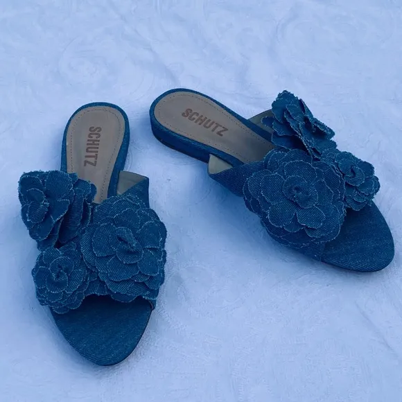 SCHUTZ**Denim Floral Sandals 6B**$140