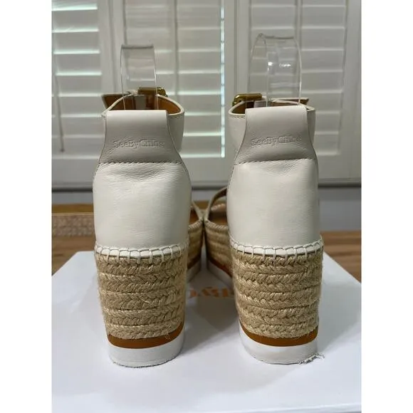 See by Chloé Calf Glyn Espadrille Platform Wedge Sandal Natural Size 5 US 35 EU