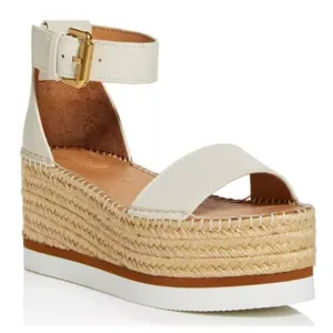 See by Chloé Calf Glyn Espadrille Platform Wedge Sandal Natural Size 5 US 35 EU