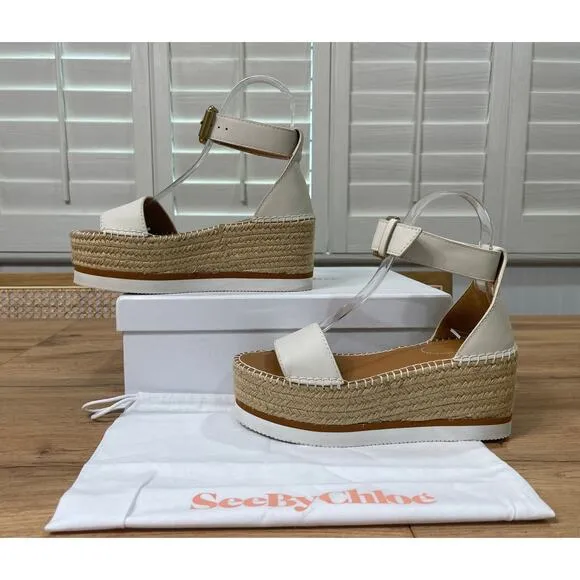 See by Chloé Calf Glyn Espadrille Platform Wedge Sandal Natural Size 5 US 35 EU