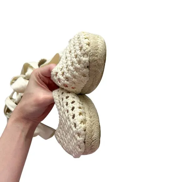 sezane melodie cream wedge lace up wrap crochet espadrilles peony cotton fabric
