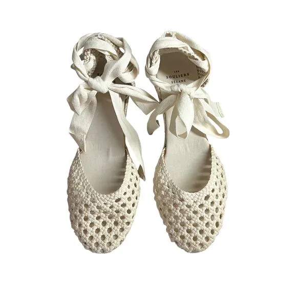sezane melodie cream wedge lace up wrap crochet espadrilles peony cotton fabric