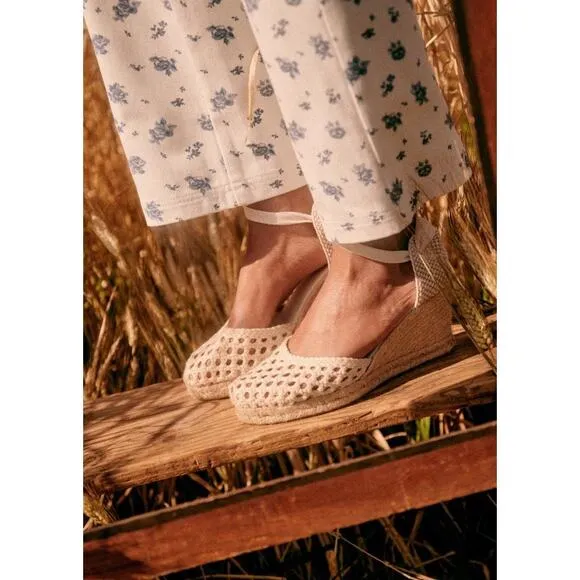 sezane melodie cream wedge lace up wrap crochet espadrilles peony cotton fabric