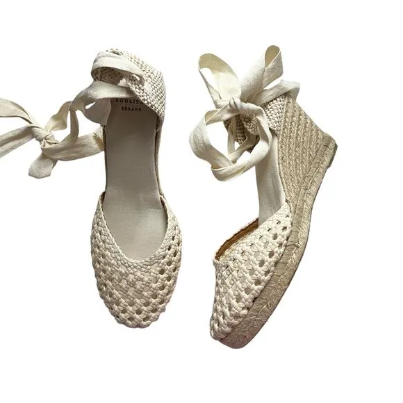 sezane melodie cream wedge lace up wrap crochet espadrilles peony cotton fabric