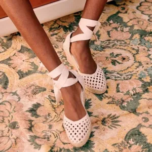 sezane melodie cream wedge lace up wrap crochet espadrilles peony cotton fabric