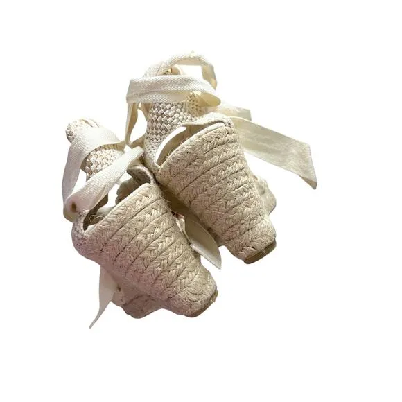 sezane melodie cream wedge lace up wrap crochet espadrilles peony cotton fabric