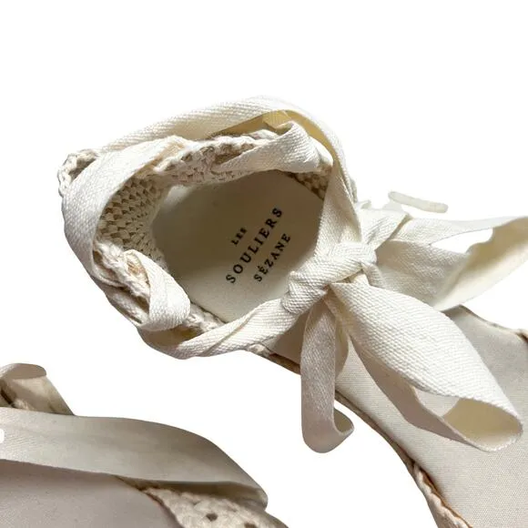 sezane melodie cream wedge lace up wrap crochet espadrilles peony cotton fabric