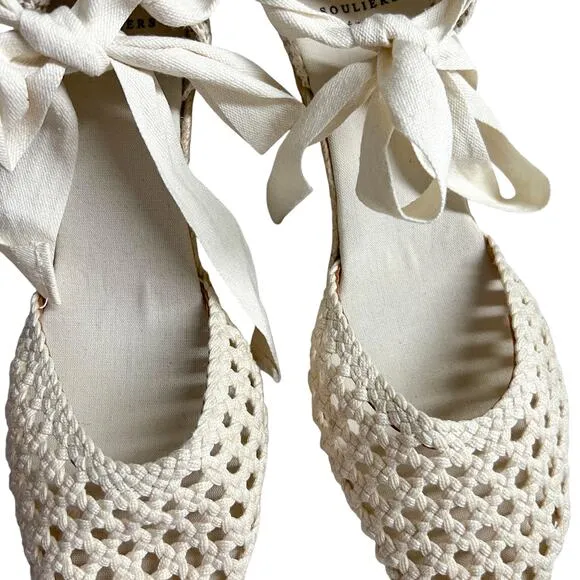 sezane melodie cream wedge lace up wrap crochet espadrilles peony cotton fabric