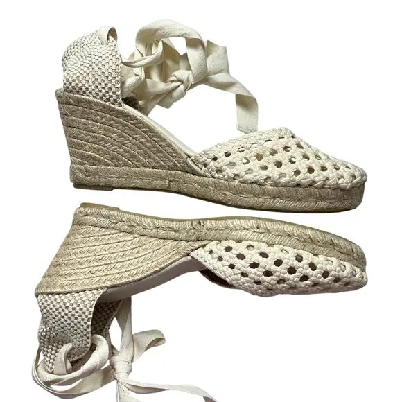 sezane melodie cream wedge lace up wrap crochet espadrilles peony cotton fabric