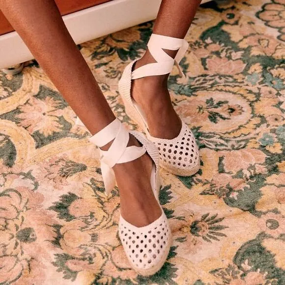 sezane melodie cream wedge lace up wrap crochet espadrilles peony cotton fabric