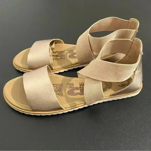 Sorel Anthropologie Ella ll Cross Strap Sandals Casual Sporty Neutral Gold EUC