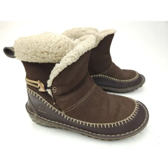 Sorel Anyu Boots Shearling Brown Winter Ankle Insulated Toggle Womens Sz 7 M