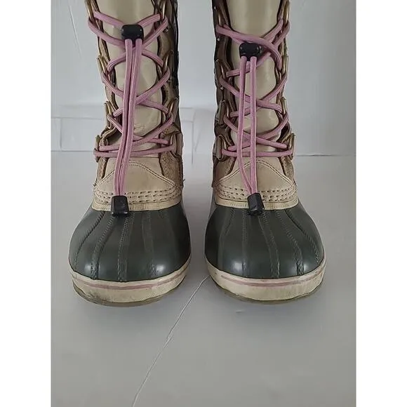 Sorel Girls SZ 4 Joan Of Artic Camel Brown Pink Faux Fur Waterproof Snow Boots