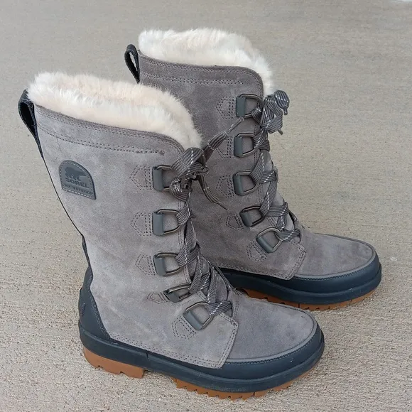 Sorel Tivoli IV Tall Grey Leather Lace Up Boots Womens 6.5