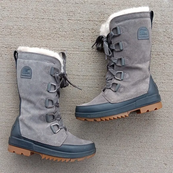 Sorel Tivoli IV Tall Grey Leather Lace Up Boots Womens 6.5