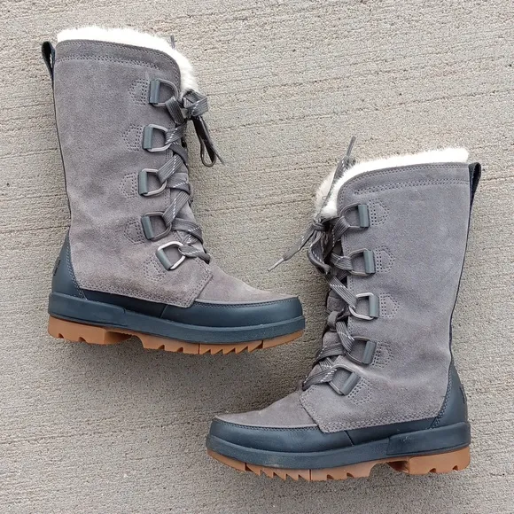 Sorel Tivoli IV Tall Grey Leather Lace Up Boots Womens 6.5