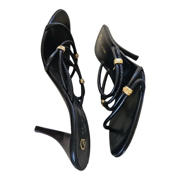 St. John Black Leather Strappy Heeled Sandals 10B