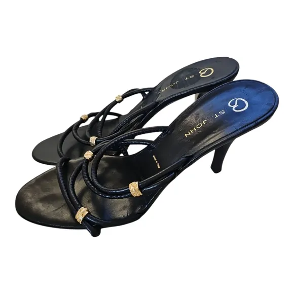 St. John Black Leather Strappy Heeled Sandals 10B
