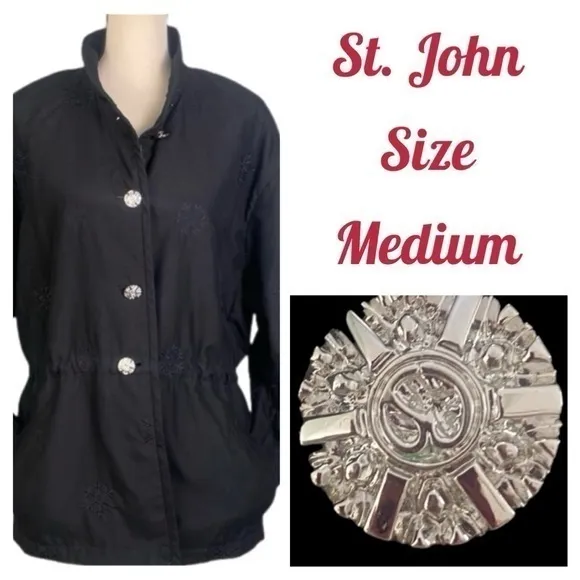 ST. JOHN black quilted embroidered jacket with rhinestone buttons Medium EUC