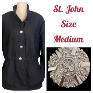 ST. JOHN black quilted embroidered jacket with rhinestone buttons Medium EUC