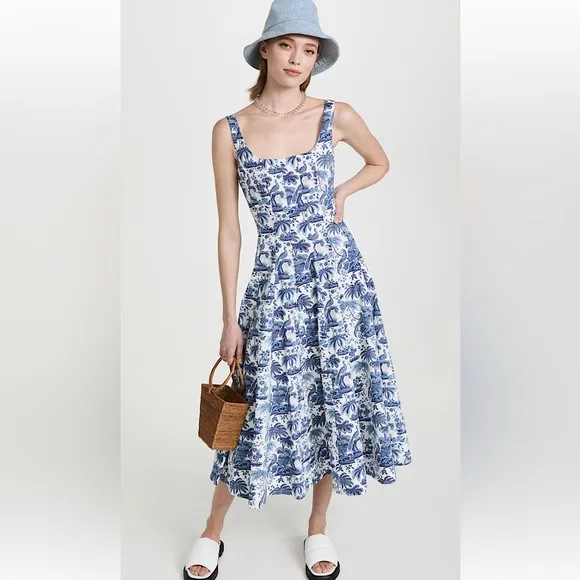 STAUD Wells poplin midi dress in China blue toile size 4