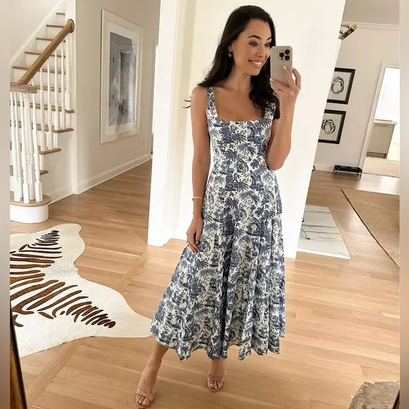 STAUD Wells poplin midi dress in China blue toile size 4