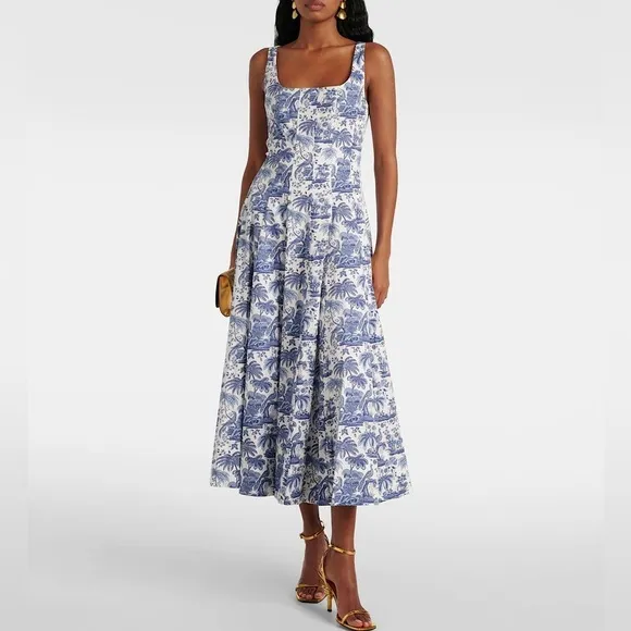 STAUD Wells poplin midi dress in China blue toile size 4