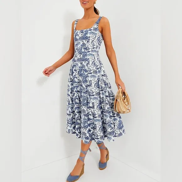 STAUD Wells poplin midi dress in China blue toile size 4