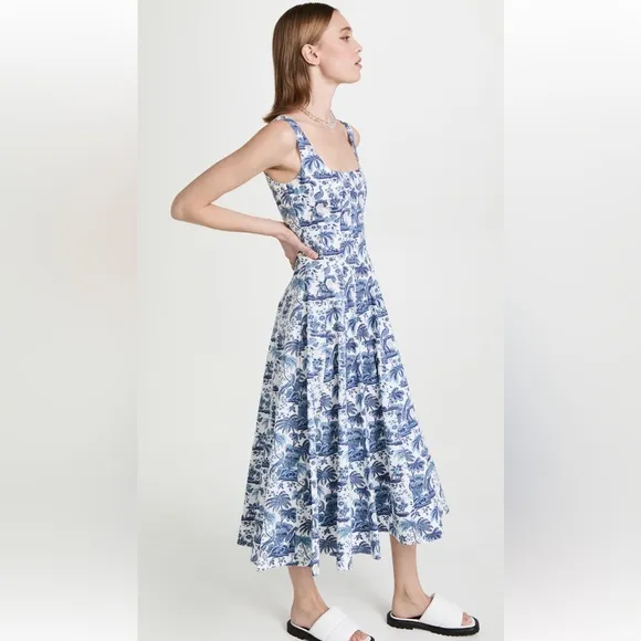 STAUD Wells poplin midi dress in China blue toile size 4