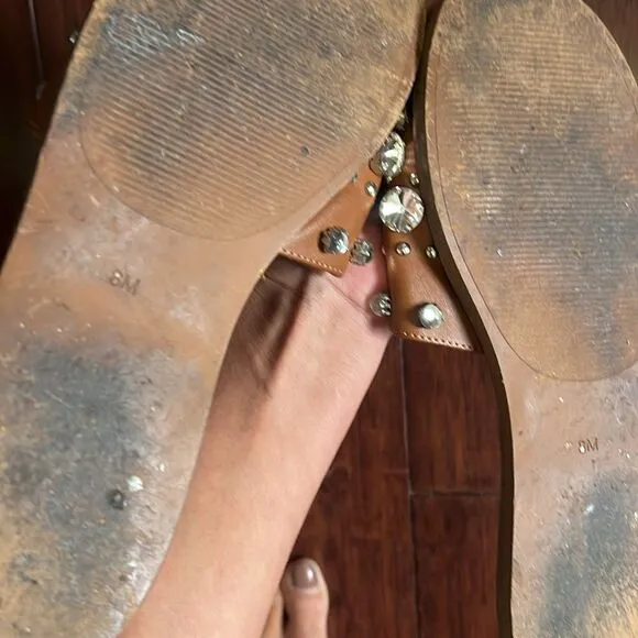 Steve Madden Flat Sandals  - Tan with Crystals - Like New - Size 8