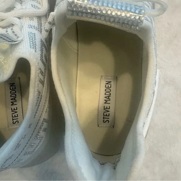 Steve Madden Maxima Rhinestone Sneakers Chunky Knit Low Top White/Silver Size 10