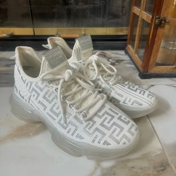 Steve Madden Maxima Rhinestone Sneakers Chunky Knit Low Top White/Silver Size 10