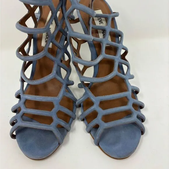 Steve Madden‎ Slithur Size 7 Leather Light Blue Suede Strappy Cage Heels Sandals
