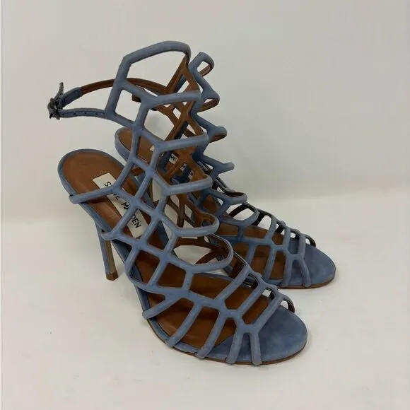 Steve Madden‎ Slithur Size 7 Leather Light Blue Suede Strappy Cage Heels Sandals