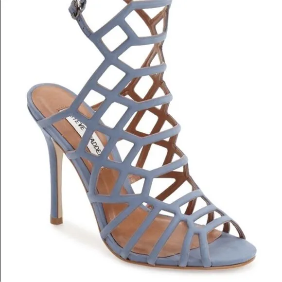 Steve Madden‎ Slithur Size 7 Leather Light Blue Suede Strappy Cage Heels Sandals