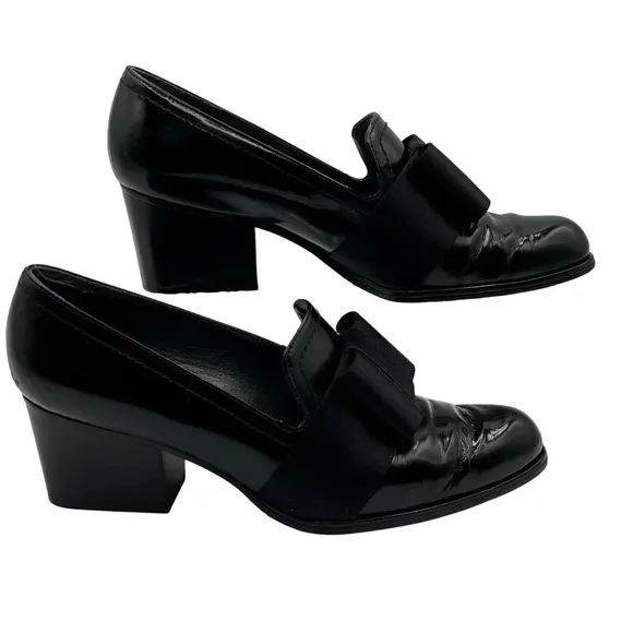 Stuart Weitzman Atabow Womens 5M Black Block Heel Loafers Bow Prairie Shoes