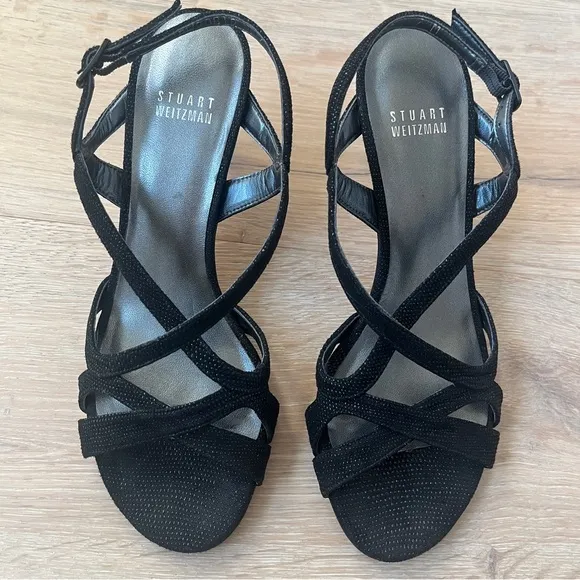 Stuart Weitzman Axis Heels Size 7M Black Strappy Leather Goosebump Sandals