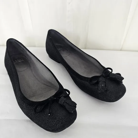 Stuart Weitzman Black Ballet Flats Textured Bow Tassel Size 7.5