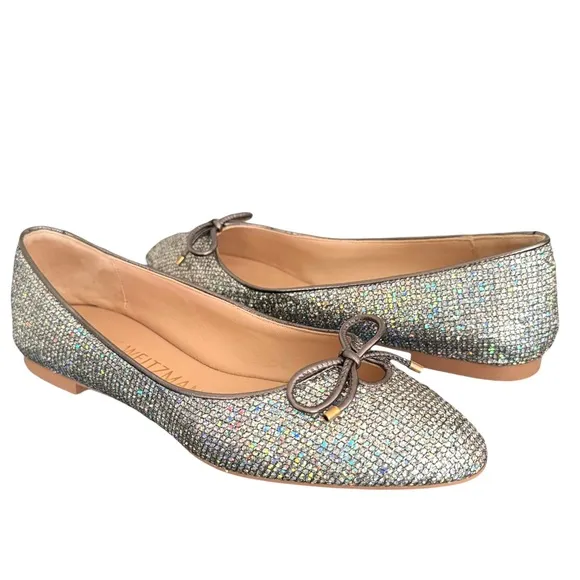 Stuart Weitzman Gabby Aurora Metallic Silver Bow Detail Ballet Flats Women’s