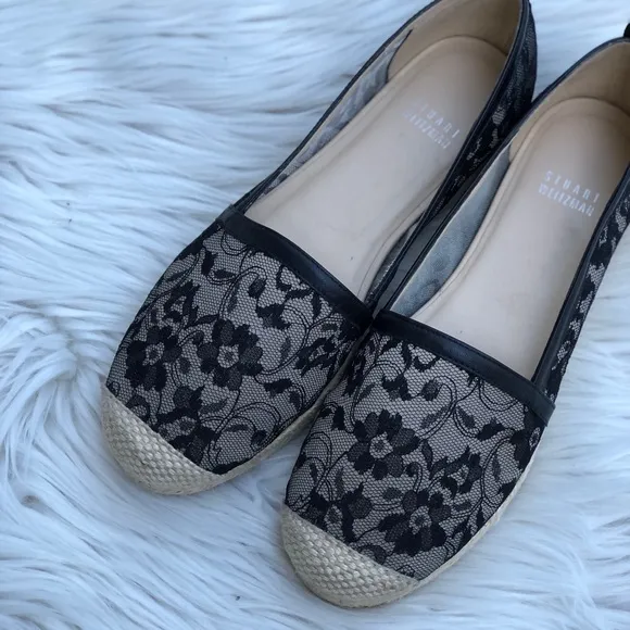 Stuart Weitzman Meshuga Black Lace Womens Flat Espadrilles, size 8
