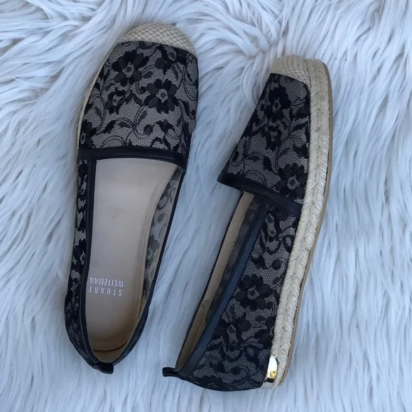 Stuart Weitzman Meshuga Black Lace Womens Flat Espadrilles, size 8