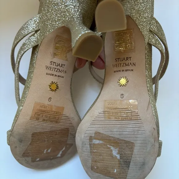 STUART WEITZMAN PATRON GLITTER GOLD STRAPPY SLIDE SANDAL CURVE HEEL Sz 6