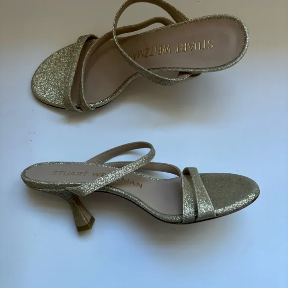 STUART WEITZMAN PATRON GLITTER GOLD STRAPPY SLIDE SANDAL CURVE HEEL Sz 6