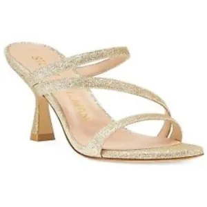 STUART WEITZMAN PATRON GLITTER GOLD STRAPPY SLIDE SANDAL CURVE HEEL Sz 6