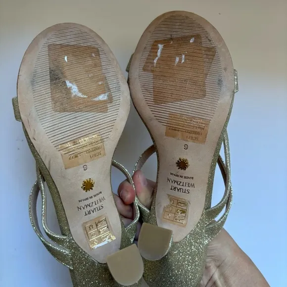 STUART WEITZMAN PATRON GLITTER GOLD STRAPPY SLIDE SANDAL CURVE HEEL Sz 6