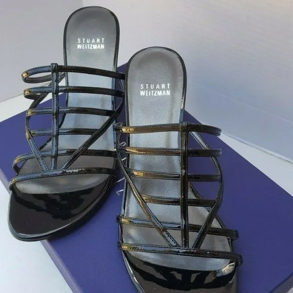 Stuart Weitzman Sandals Slip On Patent Black Strappy CARCEL in Original Box Heel